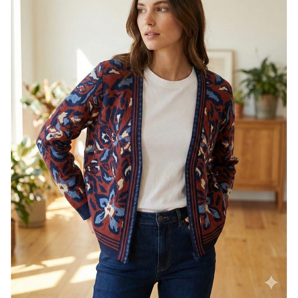 Woolovers Cardigan Sweater Womens Medium Blue Red Floral Full Zip Wool Cotton